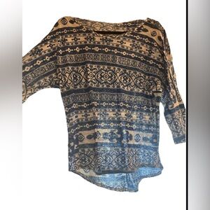 Scoop Neck Semi Sheer Bohemian 3/4 Sleeve Top Blue & White Asymmetrical High Low